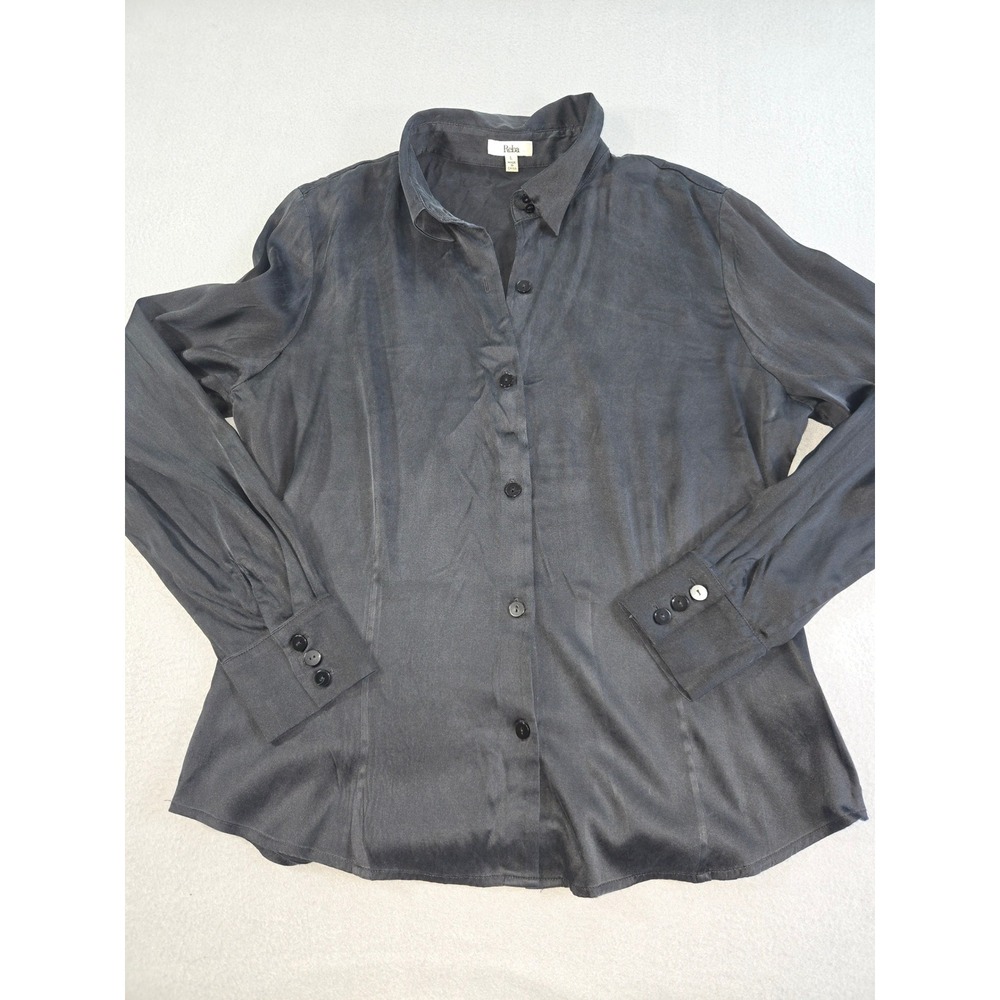 Reba Silk Button Down Shirt Womens L‎ Black Long Sleeve Stretch Blouse Collared